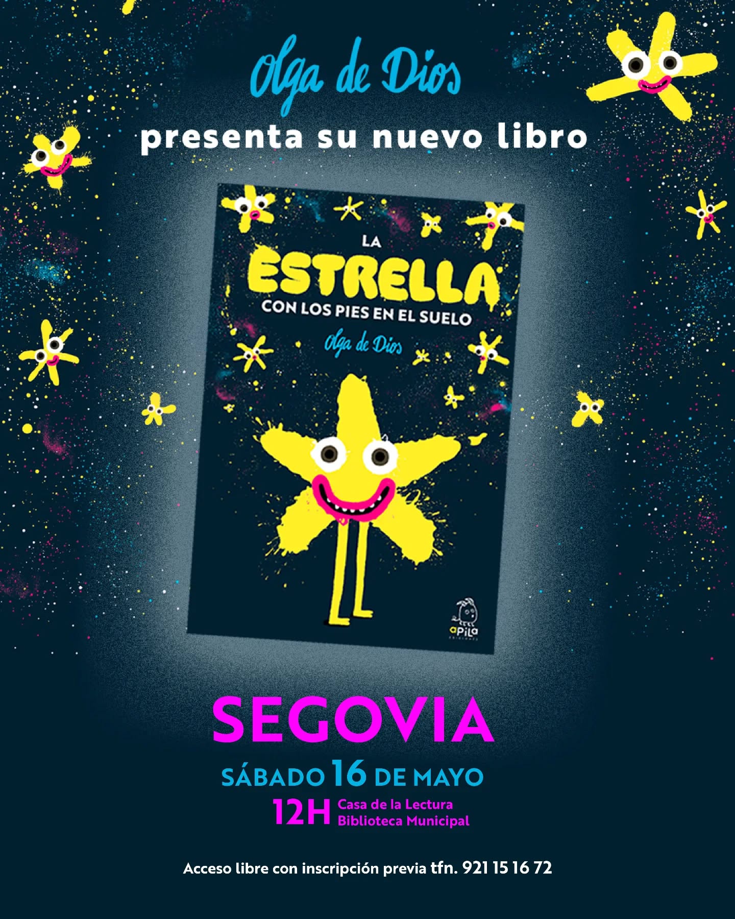 👉🏻Este Sábado 16 de mayo a las 12h 
Presentaré en Segovia mi último libro titulado 
⭐La estrella con los pies en el suelo⭐

El acto tendrá lugar en la Casa de la Lectura de Segovia, Biblioteca Municipal.  @casadelalecturasegovia

Allí también podéis visitar mi Expo "Disfrutar el Rosa" hasta el 23 de mayo. 

📙 En esta presentación la autora narrará el libro y nos acercará su proceso creativo.

Dispondremos de rincones en los que favorecer la lectura experiencial y la estimulación sensorial.

Un encuentro con Olga de Dios pensado para todos los públicos, tanto infancia lectora como público adulto que admira su trabajo y que disfruta con su labor artística.

🎫Libre acceso con inscripción tfn. 921 15 16 72 ☎️

  ✍🏻El acto incluirá la firma de libros. 

🛍️ Se habilitará un punto de venta donde podréis encontrar pósters, pegatas y láminas mostradas en la exposición "Disfrutar el Rosa"

#olgadedios
#laestrellaconlospiesenelsuelo