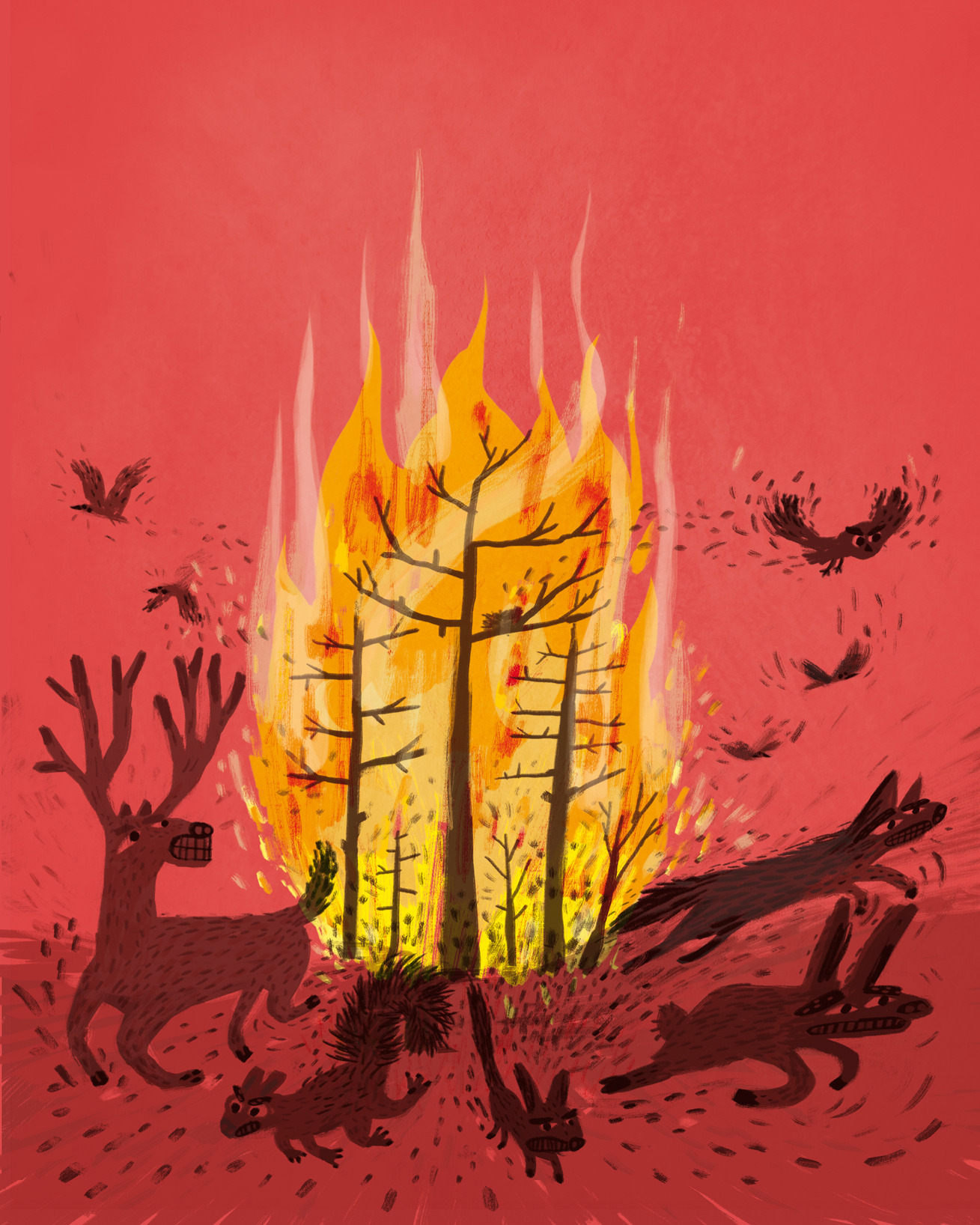 🔥😢Madrid vive el mayor incendio de su historia, desde la ciudad a kilómetros de distancia sentimos la desolación y el humo, la luz se ha tornado anaranjada y la sensación ambiental es aterradora. 

❤️Todo mi apoyo y solidaridad a las miles de personas afectadas por los incendios que estamos viviendo en España. 

Una vez más queda clara la importancia de invertir en los servicios públicos de emergencias y prevención de riesgos derivados del cambio climático. 

Cuánto más tenemos que perder para tomárnoslo en serio y cuidar lo que es todos.
---

🖍La ilustración la realicé para el libro "Érase una vez un Mundo mejor", publicación que recopila 10 cuentos escritos por alumnado de primaria de España y cuya recaudación va íntegra para Aldeas Infantiles.